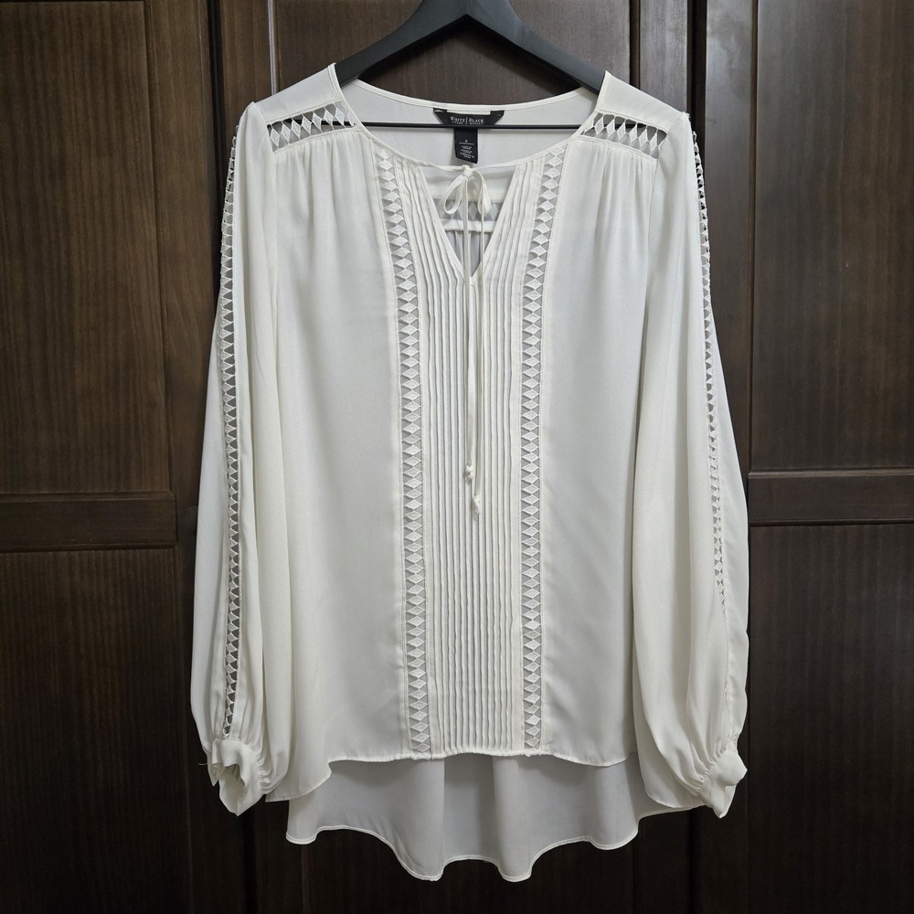 White House Black Market Womens 8 Long Sleeve Tunic Crochet Pleated Tie Peasant